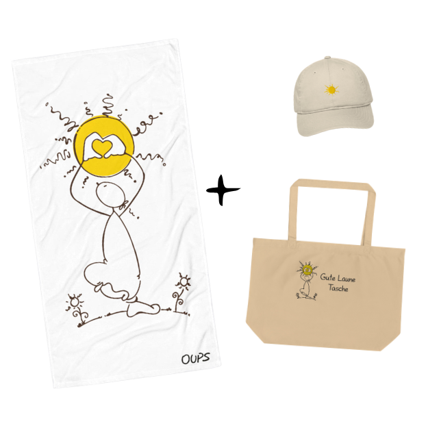 Oups Wohlfühl-Set XL – Badetuch, Stoffbeutel & Bio-Cap 💛