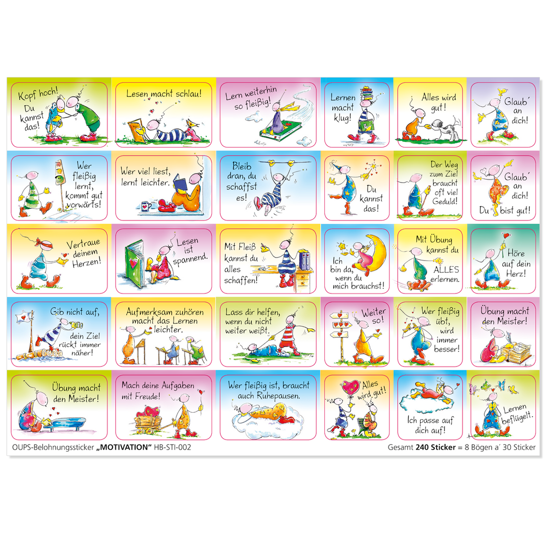 OUPS Stickerbögen-Garnitur „MOTIVATION“ - 240 Sticker mit Lob-Bildern und Texten - Oups