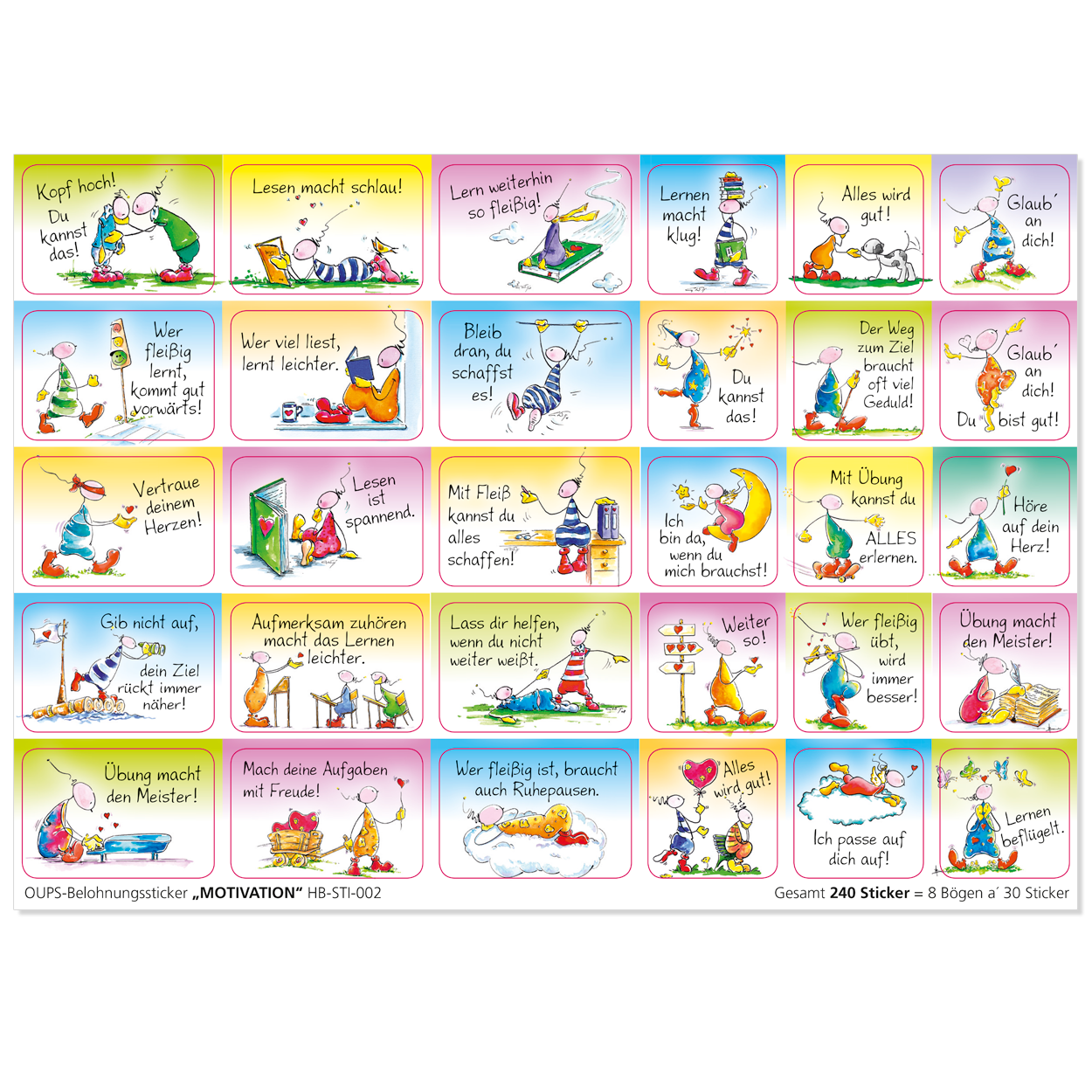 OUPS Stickerbögen-Garnitur „MOTIVATION“ - 240 Sticker mit Lob-Bildern und Texten - Oups