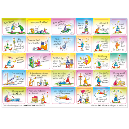 OUPS Stickerbögen-Garnitur „MOTIVATION“ - 240 Sticker mit Lob-Bildern und Texten - Oups