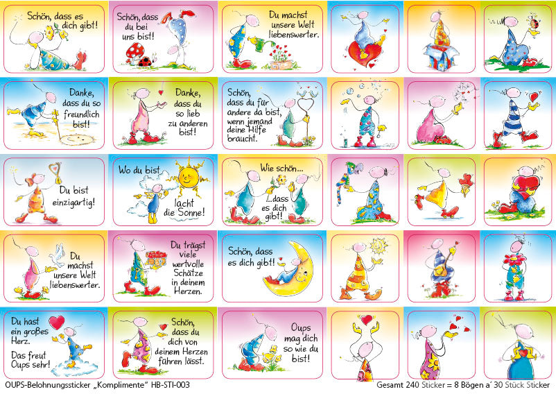 OUPS Stickerbögen-Garnitur „Komplimente“ - 240 Sticker mit Lob-Bildern und Texten